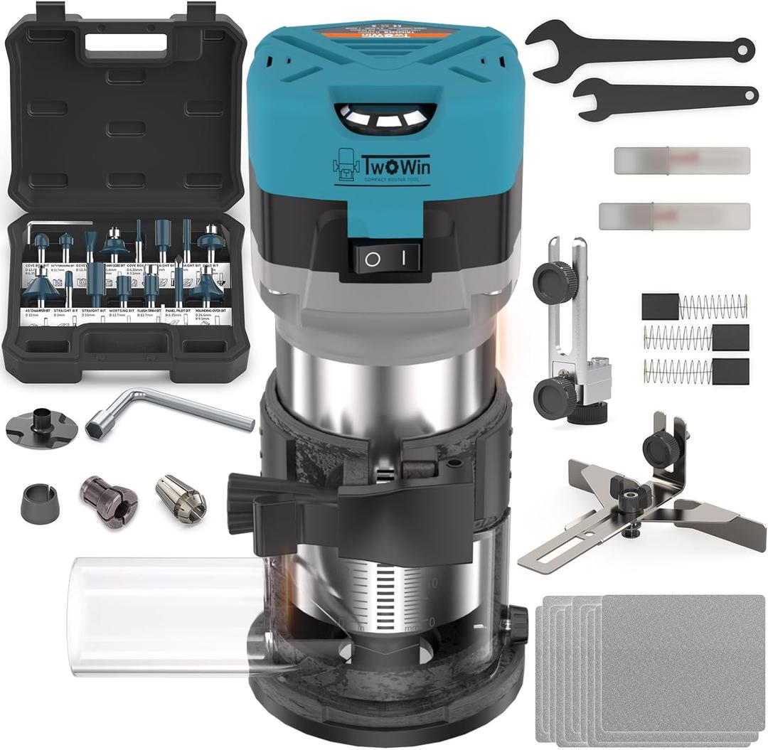 TWOWIN Router Tool, 6.5 Amp 1.25 HP Hand held Wood Router Tool, Compact Palm Trim Router for Woodworking, 6 Variable Speeds Fixed Base Laminate Router Woodworking Tool with Dust Hood 15PCS Router Bits