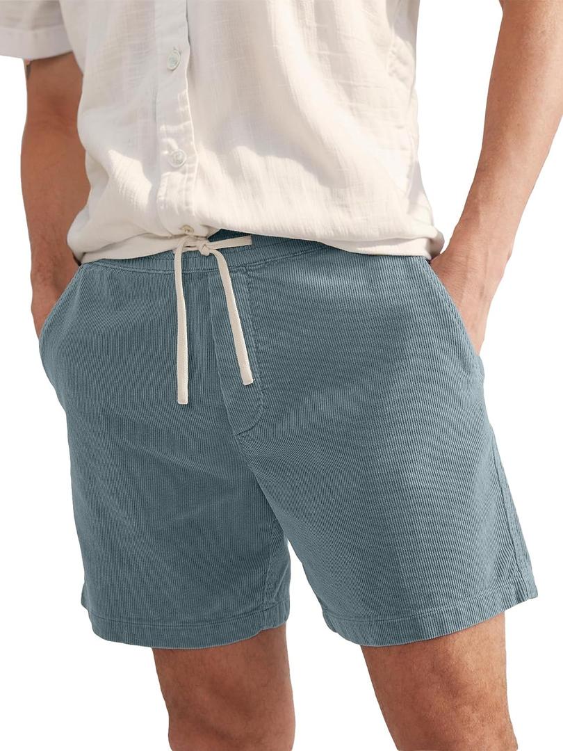 PLEPAN Mens Corduroy Shorts 5 Inch Casual Elastic Waist Drawstring Lightweight Summer Beach Shorts with Pockets (Blue, XXXL)
