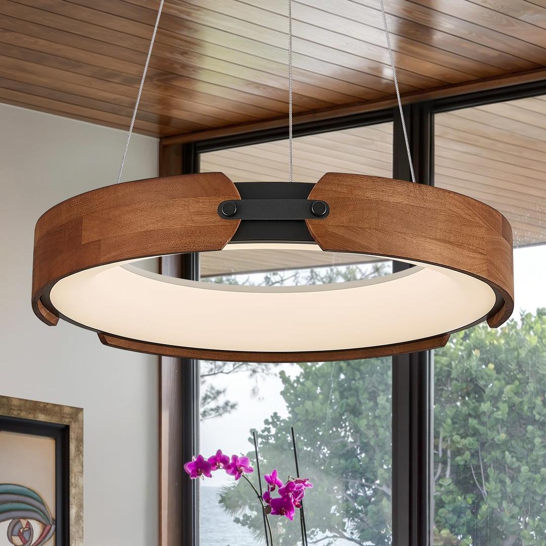 Modern LED Wood Chandelier, 20" Circular Ring Chandelier for Dining Room