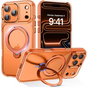 DUEDUE for iPhone 17 Pro Case with 360Spin Magnetic Stand[Compatible with MagSafe][Rotatable Ring Holder], Protection Cover Anti-Yellowing Shockproof Cases for iPhone 17 Pro 6.3", Orange