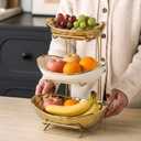 3-Tier Gold Fruit Bowl & Tray with Metal Stand - Ceramic White, Triple Layer for Snacks, Nuts, Bread & Candy Storage, One Size