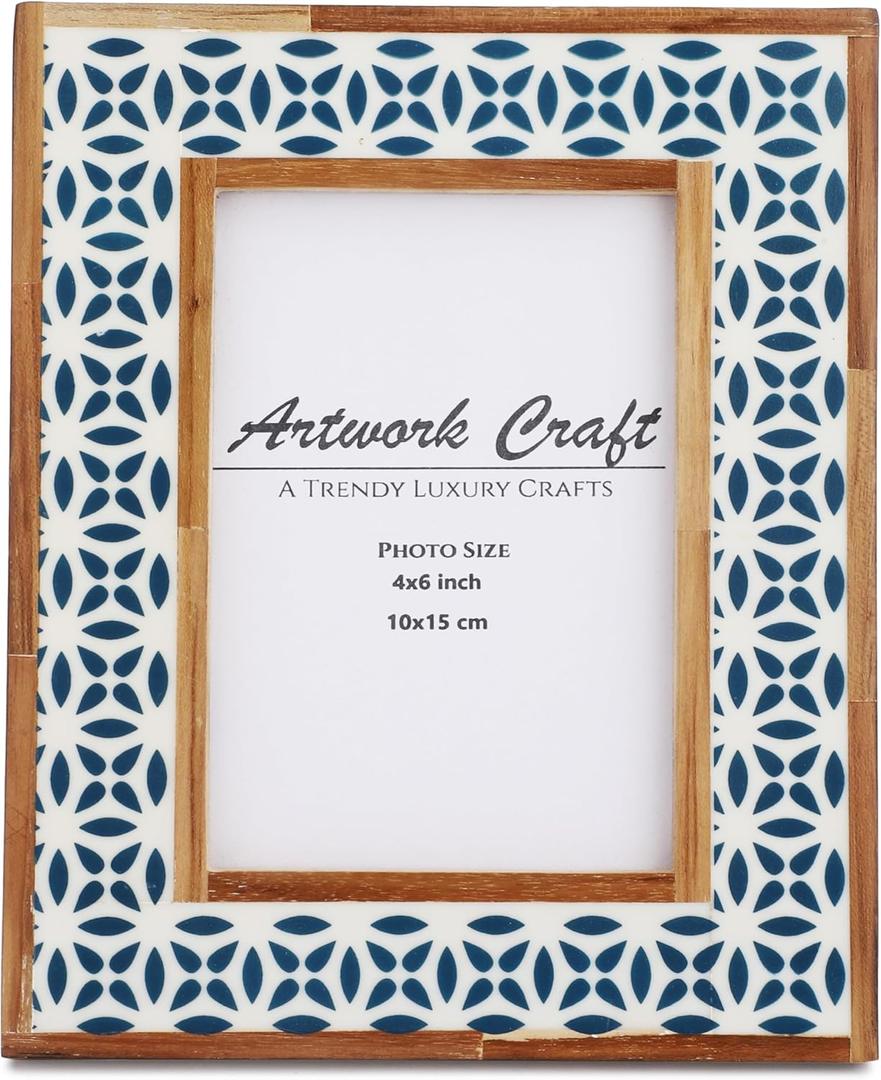Handmade White Bone Photo Frame Geometric Painting Vintage Boho Wooden Picture Frames For Table-Top/Wall Decor (6x4 Inches, Geometric Blue)