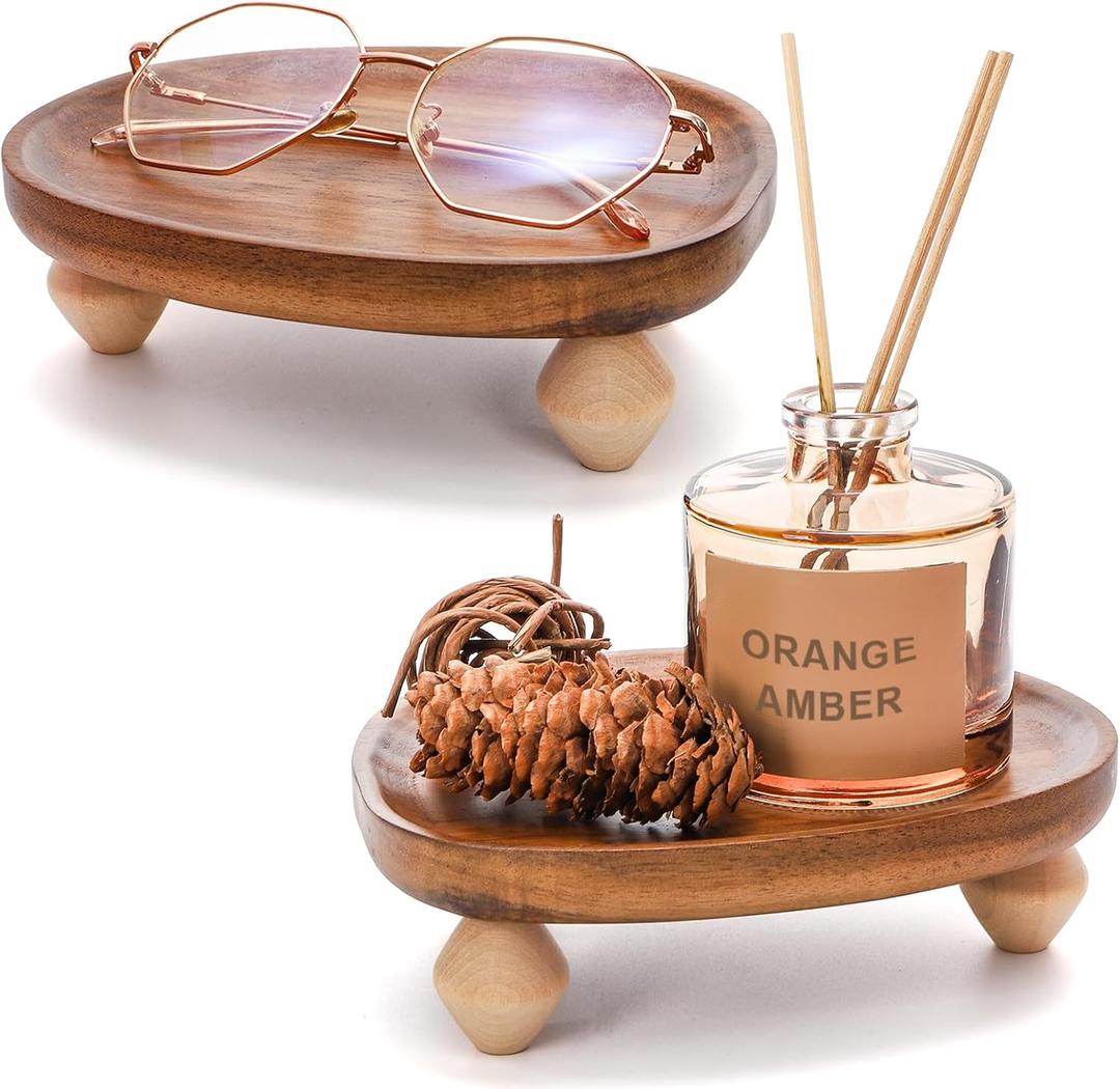 Dicunoy 2 Pack Acacia Wood Riser for Decor, 6" Small Wood Pedestal Display Stands for Kitchen Counter, Rustic Wooden Tray for Bathroom Counter, Tabletop Centerpieces, Entry Table, Farmhouse Decor