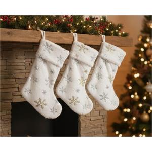 Rustic Personalized Christmas Stockings, 5 Pcs 18 Inch Luxury Snow White Thick Plush Faux Fur Stocking with 5 Styles of Textured Patterns, Home Decor Party Christmas Decorations Gift for Mantal