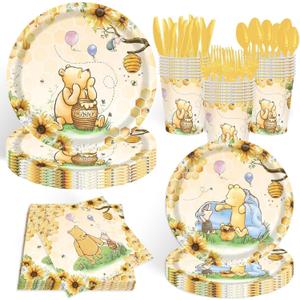 140pcs Classic Bear Baby Shower Decorations Baby Shower Party Tableware with Plates, Napkin, Forks, Cups for Birthday Party Supplies Set Serves 20 Guests (Yellow)