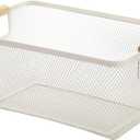 Metal Mesh Steel Basket, Large Wire Storage Organizer Basket Multi-function Hanging Kitchen Baskets with Wood Handle for Kitchen Bathroom Picnic Home, Rectangle-Off White