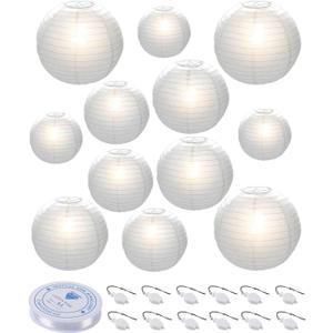 HAUSPROFI 12pcs White Paper Lanterns with LED Lights, Chinese Hanging Lanterns (6" 8" 10" 12") with Fishing Line, Paper Lanterns Decorations for Wedding Birthday Party Bridal Shower Home Outdoor Decor
