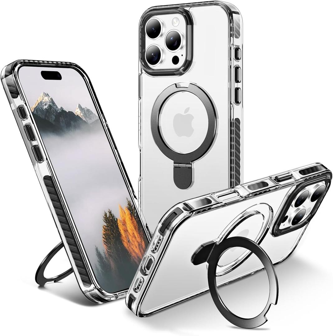 UMIONE for iPhone 16 Pro Clear Magnetic case with Stand and Finger Ring, Compatible with magsafe, Shockproof Transparent Hard Plate, Full Body case, Universal for Boys and Girls 6.1 - Black
