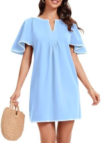 HOULENGS Women's Summer Flutter Short Sleeve A Line Mini Dress Casual Contrast Trim V Neck Short Dress with Pockets, Size: S
