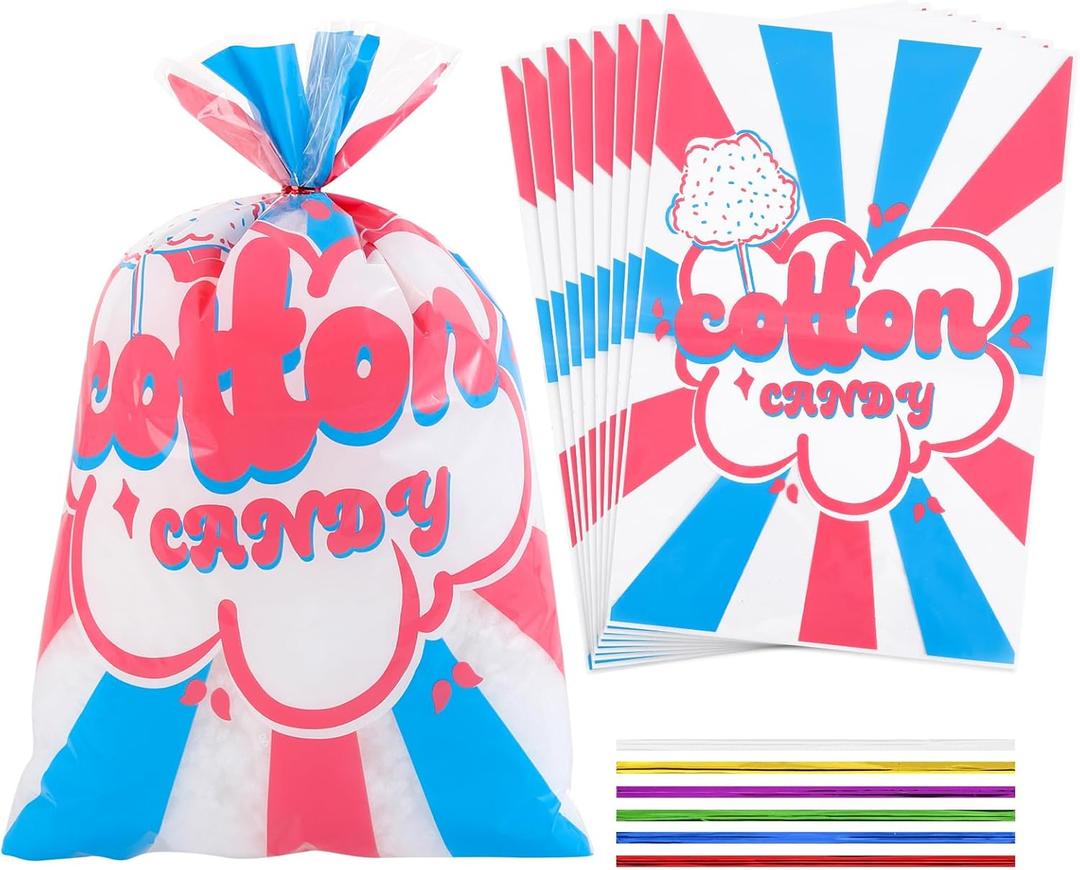 GraceKit 100 Pcs Carnival Cotton Candy Bags 14 x 20 Inch Clear Bags with Ties for Cotton candy with Print Circus Carnival for Carnivals Circus Party Favors Supplies Party and Kitchen