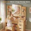 Vanity Desk with Mirror and Lights, Makeup Vanity Table with Large 6 Drawers Modern Fluted Wooden Dressing Table with Jewelry Hook 3 Color Modes Adjustable LED Mirror for Women Girls Room or Dorm
