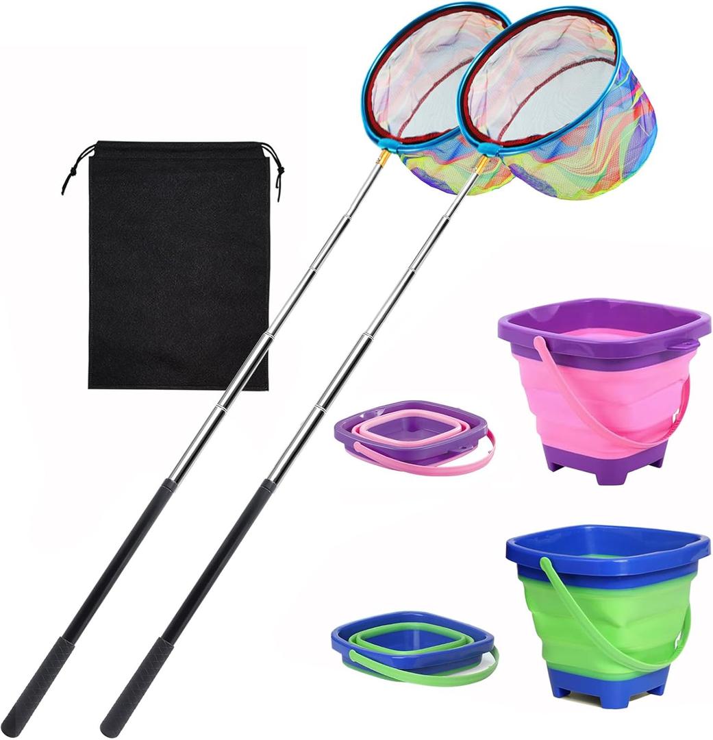 2PCS Fishing Net with Bucket, Telescopic Fishing Landing Net, Collapsible Youth Sand Bucket, Youth Fish Butterfly Catching for Freshwater Saltwater Outdoor Activities