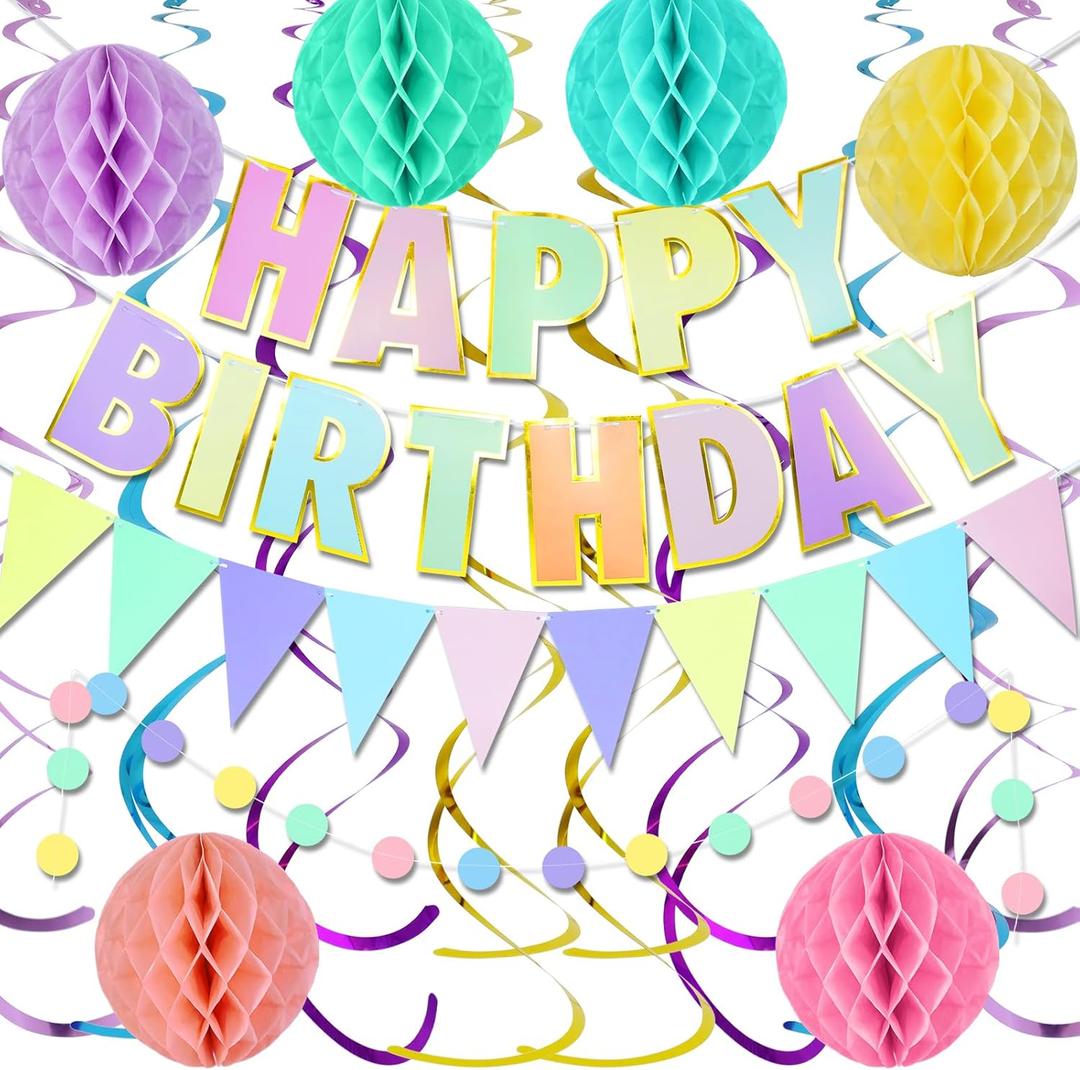 Pastel Birthday Party Decorations Kit - Include Happy Birthday Banner Colorful Flag Bunting Circle Dots Garland Hanging Swirls Honeycomb Ball for Girls womens Rainbow Party Decorations