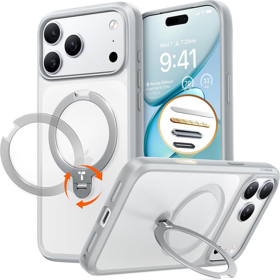 TORRAS Q3 Spin for iPhone 17 Pro Max Case with 360 Magnetic Stand, Fit for MagSafe, Camera Control, 4X Military-Grade Shockproof Case for iPhone 17 Pro Max Phone Case with Stand, Mist Grey  
