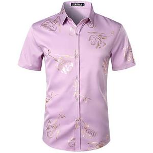 ZEROYAA Mens Hipster Gold Rose Printed Slim Fit Short Sleeve Button Down Dress Shirts M