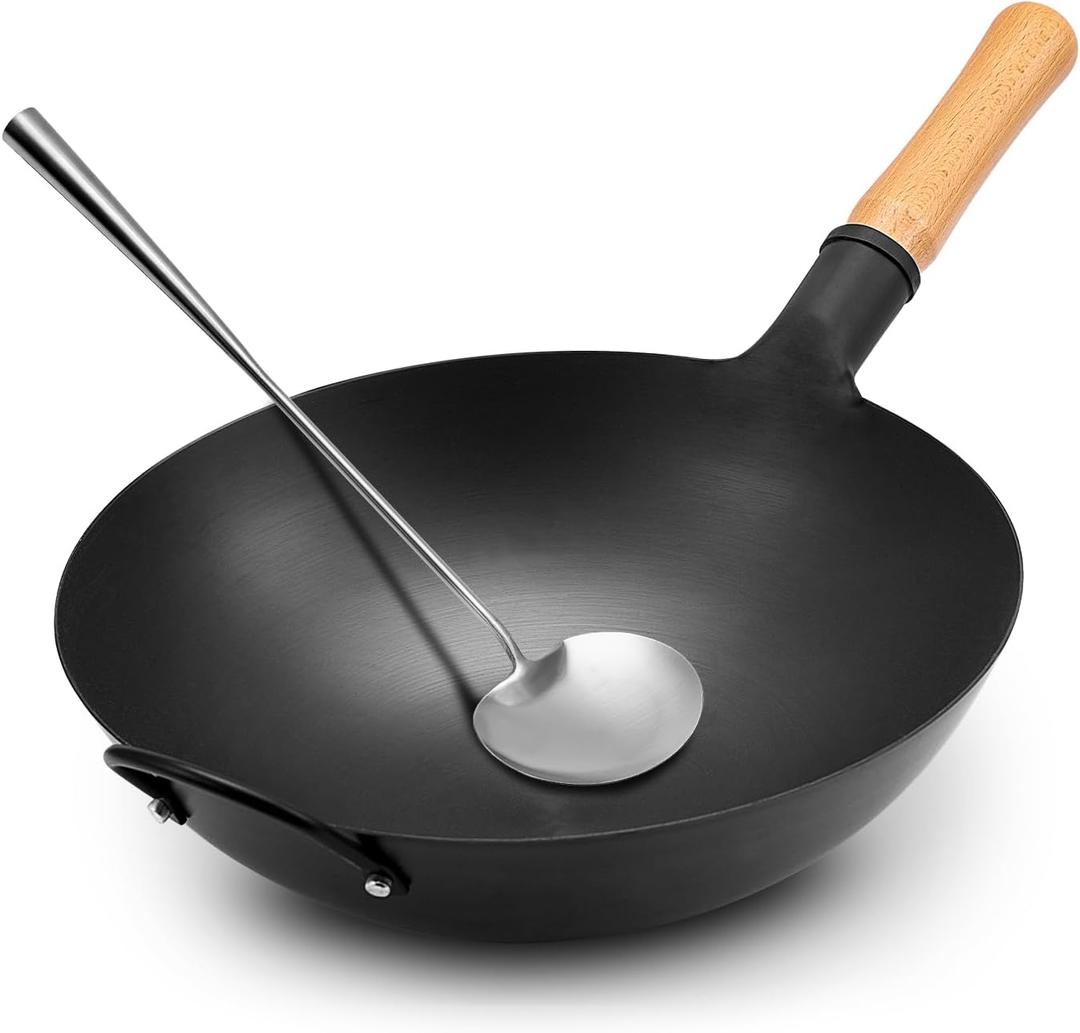 WANGYUANJI Iron Wok, 14.17 inch Traditional Round-Bottom Wok, Chefs Professional Stir-Fry Pan with Wooden Handle, Chemical-Free Iron Wok for Gas Stoves and Round-Bottom Induction Stovetop