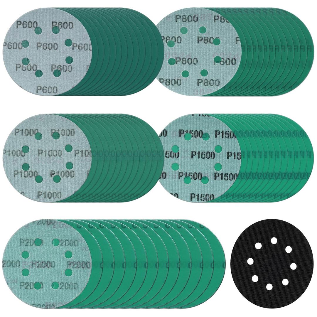 5 Inch 8 Hole Sanding Discs, 100 Pcs Wer Dry Sanding Disc Set 600 800 1000 1500 2000 Assorted Grits Hook and Loop Green Polyester Film Backed Sandpaper with Interface Pad for Random Orbital Sander