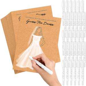 Geyoga 30 Set Guess The Dress Bridal Shower Games for Guests, Include 30 Pcs 5 x 7 Inch Wedding Shower Games Cards and 30 Pcs Watercolor Gel Crayons Fun Wedding Party Favors Decorations (Brown)