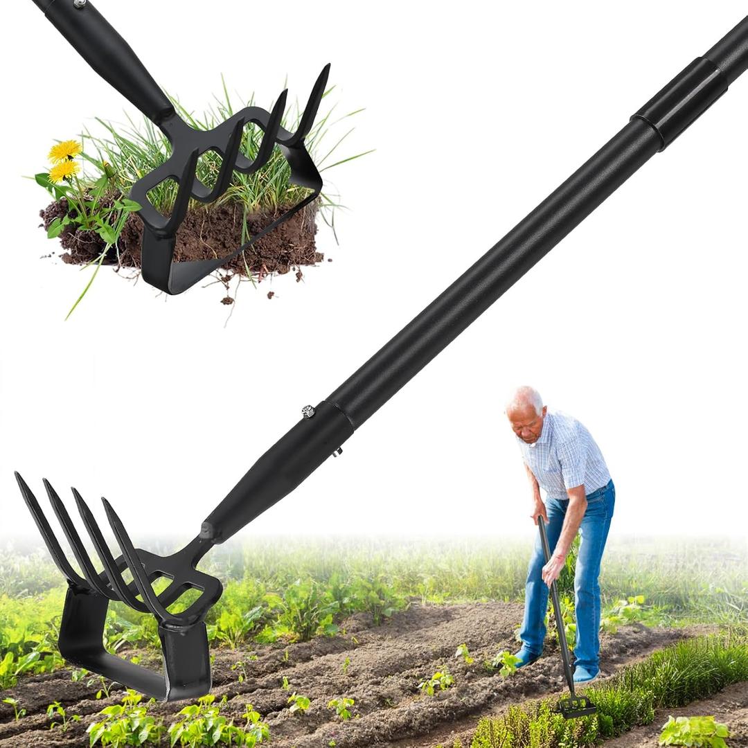 Garden Hoe,2 in 1 Heavy Duty Stirrup Hoe and Cultivator Gardening Tool Set with 62 inch Long Handle,Lightweight Hula Hoes Weeding Rake for Fast Weeds Grass Removal,Cultivating, Loosen Soil, Sharp Edge