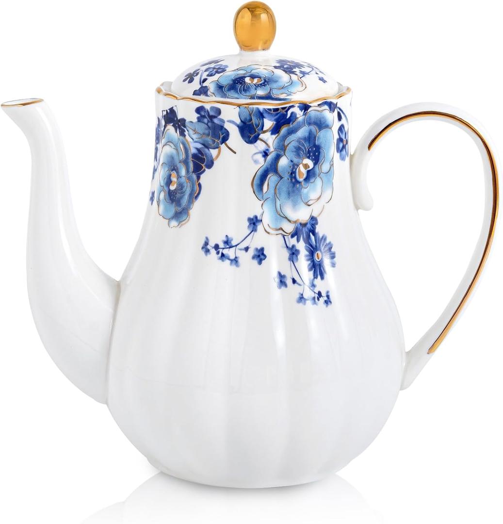 Agyiuns Tea Pot, Porcelain Teapot 37oz,tea pots for tea party,Tea Infuser Pots for Blooming loose Leaf Tea (White with blue flower)