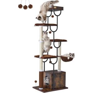 FourFurPets Cat Tree for Large Cats, Modern Cat Tree Tower with Scratching Post, 74" Wooden Cat Tower for Multiple Adult Cats, Cat Condo for Adult Cats, 4 Large Perch, 1 Cat Caves, Rustic Brown, 26.5"l × 18.8"w × 74"h