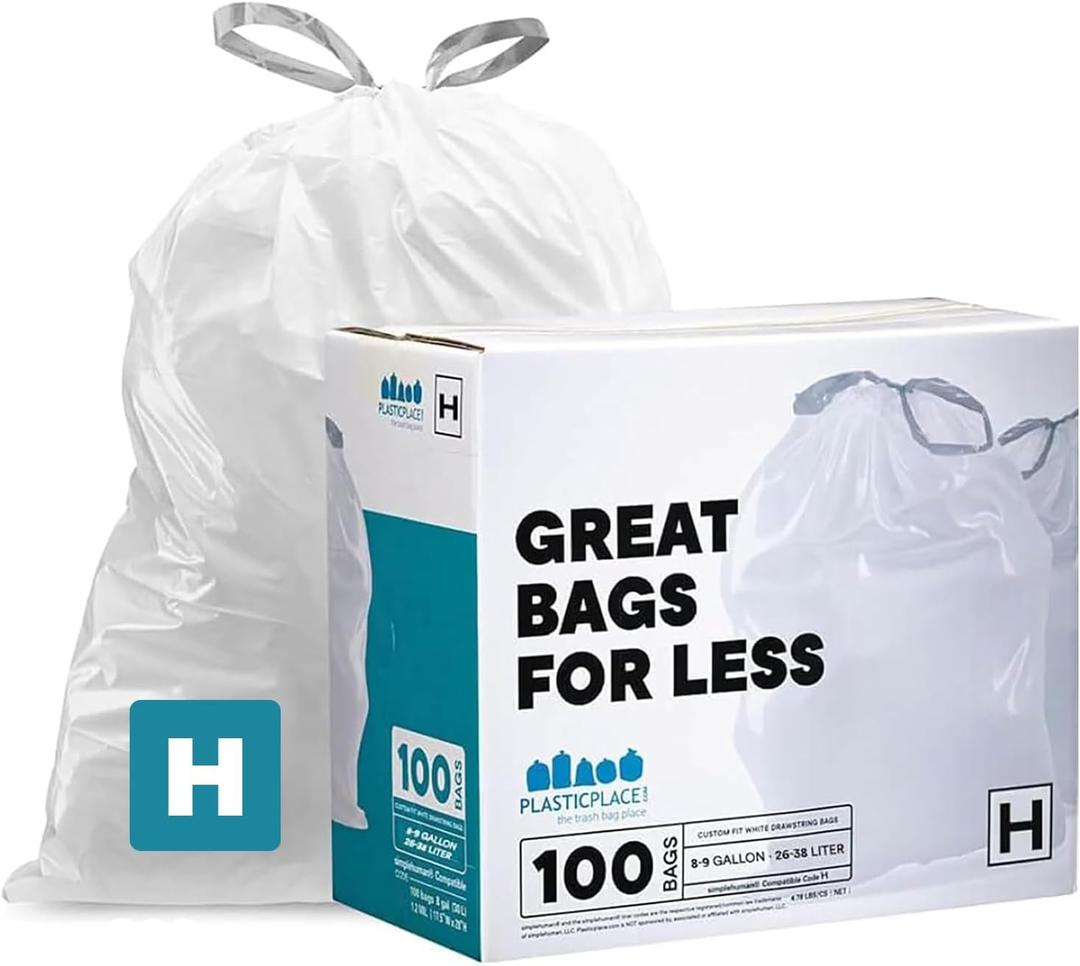 Plasticplace Trash Bags, Compatible with Simplehuman Code H, 8-9 Gallon Trash Can Liners, White Drawstring Garbage Bags, 100 Count Heavy Duty