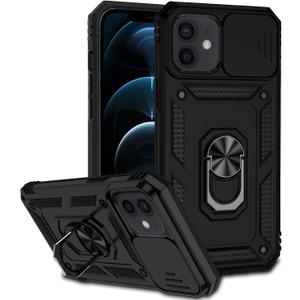 Phone Case for iPhone 12 with Camera Lens Cover HD Screen Protector,Military Grade Ring Car Mount Kickstand Hybrid Hard PC Soft TPU Shockproof Protective Black
