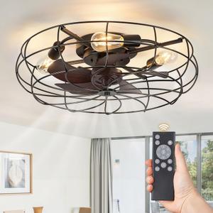 LEDIARY 23 Inch Caged Ceiling Fan with Light, Flush Mount Low Profile with Remote Control, Farmhouse Industrial Bladeless Fan Light for Bedroom, Kitchen, Indoor