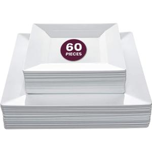 Aya's 60ct Square Plastic Disposable Plates, White - 9.5-Inch 30 Dinner and 6.5-Inch 30 Salad Plates for Party - Heavy-Duty Hard Plastic Design for Wedding, Event, Christmas, and Thanksgiving