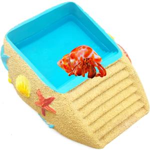 Hermit Crab Water Bowl,Resin Hermit Crab Pool with Climbing Ramp,Beach Style Reptile Feeding Dish Food Bowl Basking Platform Accessories for Turtles,Lizard,Frog,Gecko (6.3×3.2×1.8IN)