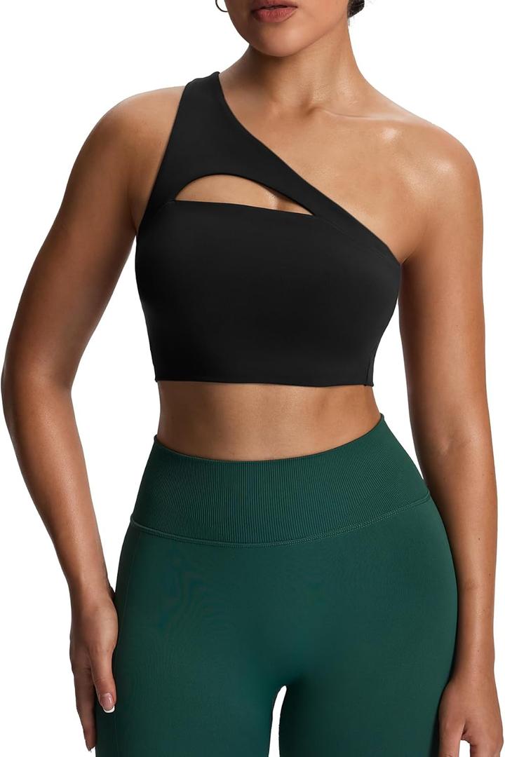Aoxjox Women's Workout Sports Bras Fitness Gym Olivia Asymmetric One Shoulder Bra Yoga Crop Tank (Large, 1 Black)