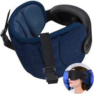 Travel Pillows for Airplanes, Airplane Pillow for Long Flight, Airplane Head Strap with Sleep Eye Mask, 360 Headrest for Car Trip, Stop Bobblehead, FSA HSA Eligible Approved, Mottled Blue