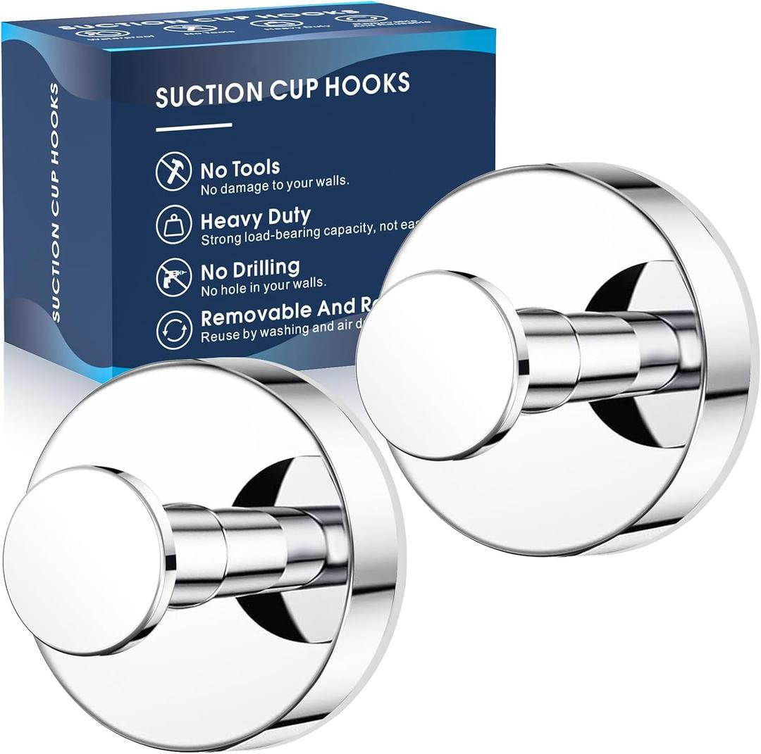MOTAIPEAK Suction Cup Hooks for Shower, Removable Shower Towel Suction Hooks for Bathroom Wall, Kitchen, Glass, Mirror, Tile to Hang Robes, Loofah-Chrome(2-Pack)
