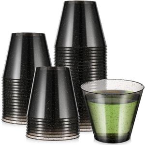 Baderke 100 Pcs Plastic Party Cups Glitter Plastic Cups Disposable Clear Cocktail Containers for Outdoor Birthday, Wedding, Christmas Thanksgiving Parties (Black,9 oz)