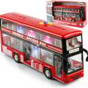 11"(28cm) Double Decker Bus Toy with Lights & Sounds, Scale(1:16) Friction Powered Bus Toy for Kids with Indoor Ceiling Lights and 4 Different Sounds - Gift for Kids Ages 3+ (Red)