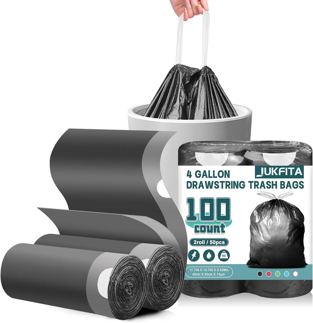 Small Trash Bags, 100 Count 4 Gallon Trash Bags Drawstring, Tear-Free Small Garbage Bags, Black Trash Bags Unscented for Bathroom Kitchen Office Bedroom
