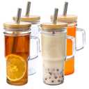 24oz Glass Cups with Lids and Straws - Glass Tumbler cup with bamboo lids and straw iced coffee cup