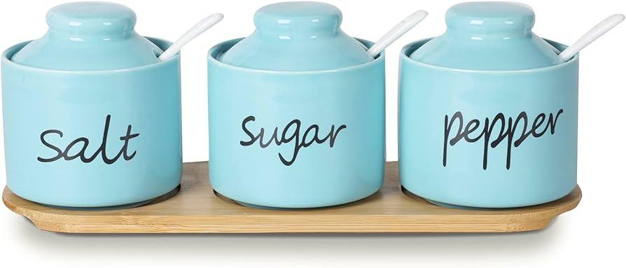 ONTUBE Farmhouse 8oz Sugar Pepper and Salt Bowls with Lid and Spoon, Ceramics Condiment Pots,Seasoning Jar Spice Container for Kitchen,Dishwasher Safe (Turquoise)