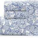Pointehaven Combed Cotton Percale Printed Full Boho Paisley Blue Quilt Set - King Quilt and Two King Shams - Floral - Taupe Blue and Cream - Quilt (106x92in.) and Shams (20x36in.) - Reversible - Cotton