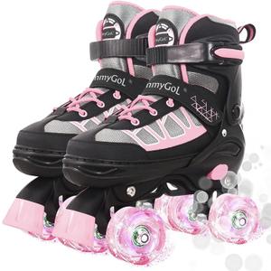 MammyGol Roller Skates for Kids Boys Girls, Adjustable Quad Skates with Light Up Wheels for Kids Ages, Beginners Outdoor Sports (Large - Youth (3-6), Pink)