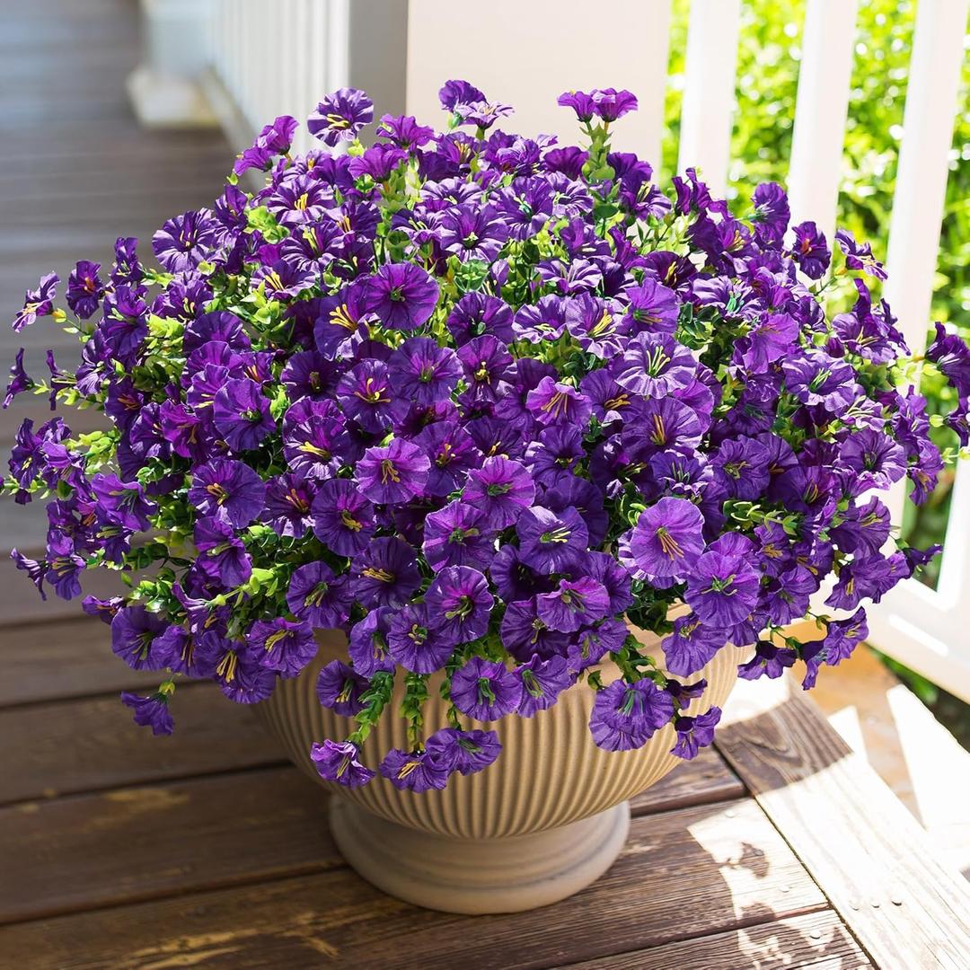 HyeFlora Artificial Flowers for Outdoors Fake Plants Outside Decoration, 12 Bundles Silk Purple Morning Glory with Eucalyptus UV Resistant Look Real Faux Flower for Planter Front Door Porch Patio Yard