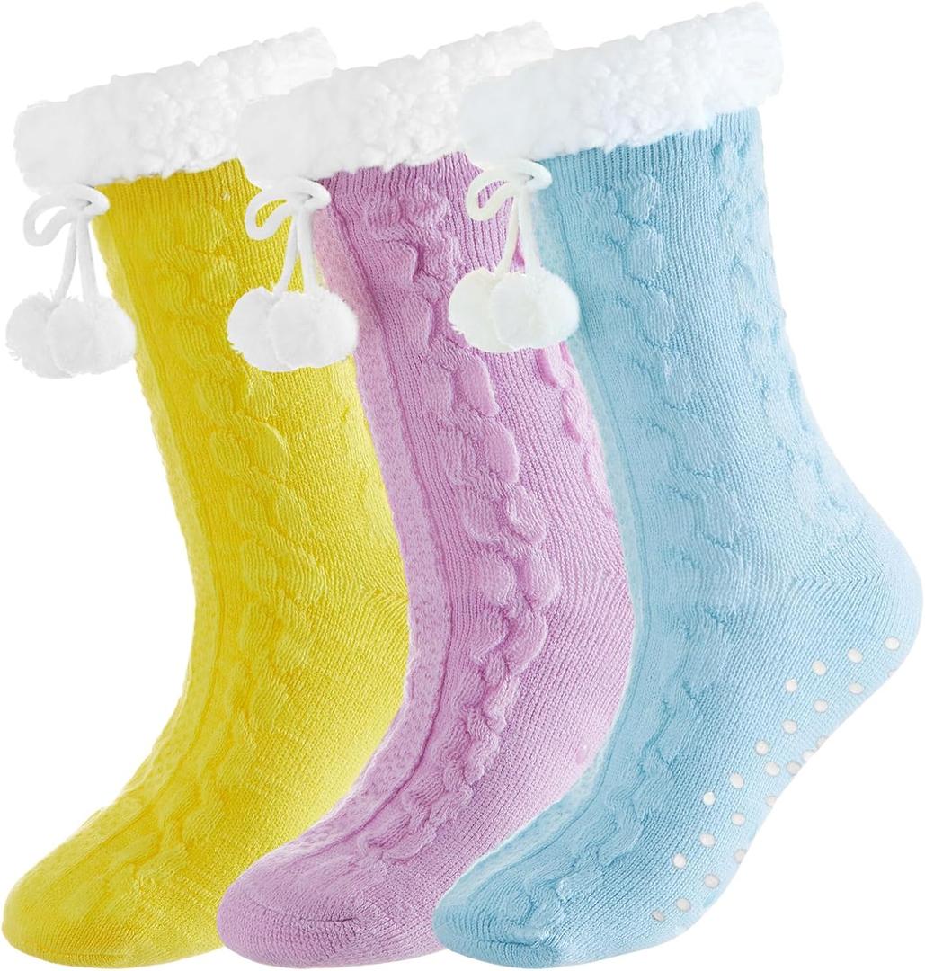 ramede Womens Fuzzy Slipper Socks with Gripper Winter Pastel Cozy Non Slip Winter Lined Warm Thick Soft Socks Gift (Yellow Purple Blue)
