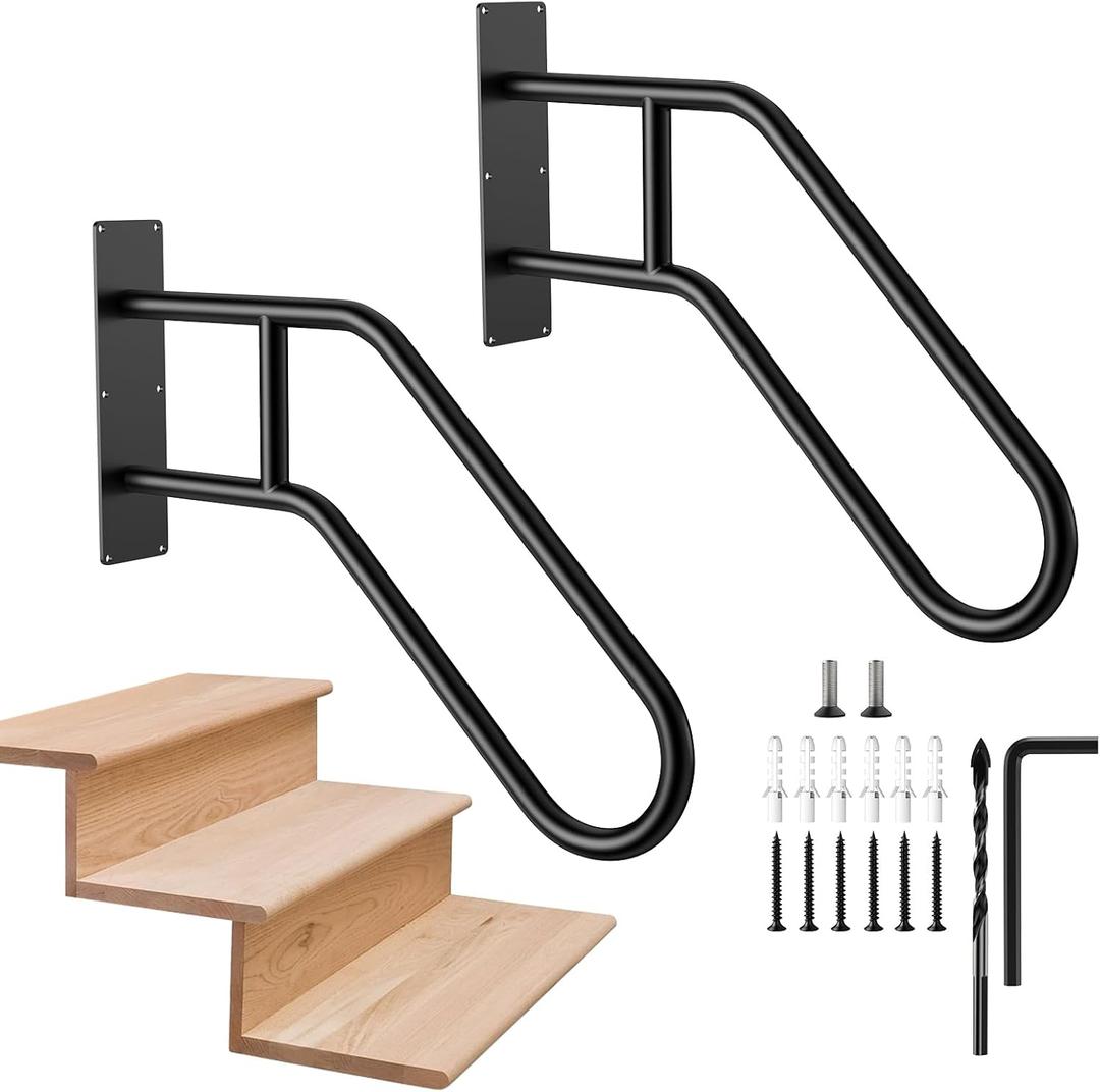 2 Pack Hand Rails for Outdoor Steps, Munzong Black U-Shape Wall Mount Stair Railing 1-3 Steps Grab Bars Safety Handle for Wall Staircase Garden Garage Porch Entry Interior