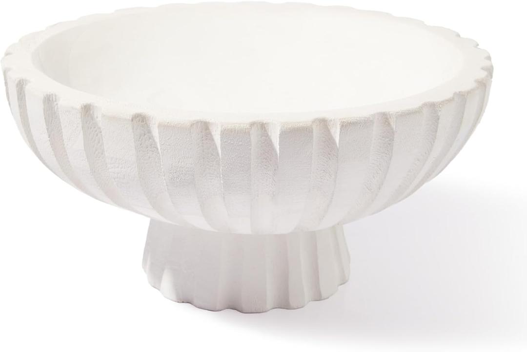 DN DECONATION White Wooden Decorative Bowl with Stand, 11.22" Wood Fruit Candy Key Holder Bowl for Centerpiece Home Room Decor Farmhouse Shelf Coffee Table Entryway
