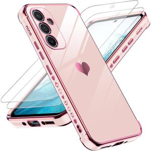 LeYi for Samsung Galaxy A54 5G Case with Tempered Glass Screen Protector [2 Pcs]+ Full Camera Lens Protection,Love Heart Plating Girly Women Cute Luxury Soft TPU Shockproof Case for A54 5G,Pink