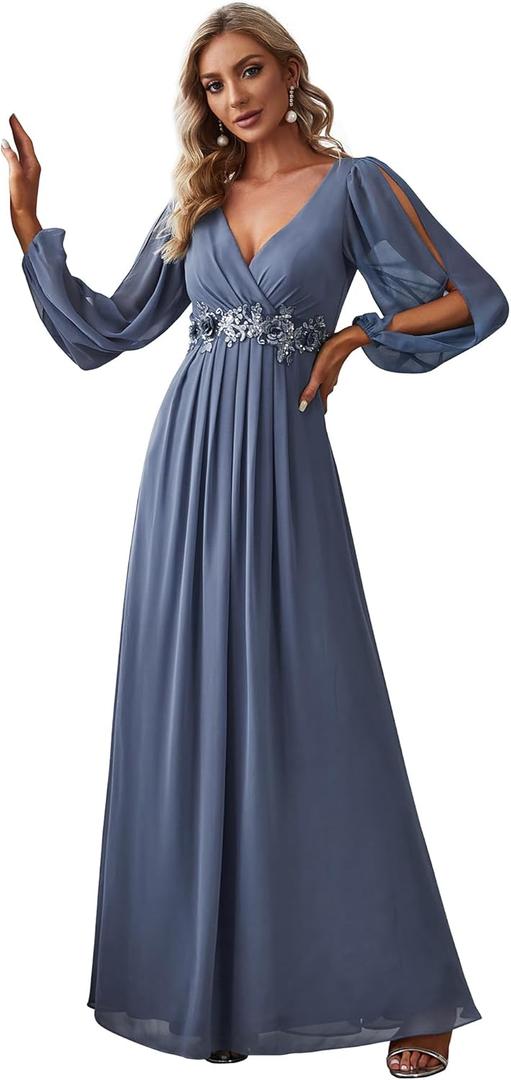 Ever-Pretty Women's V Neck Long Sleeves Floor Length Ruched Chiffon A-Line Formal Evening Dress Mother of Bride Dresses 00461 (12)