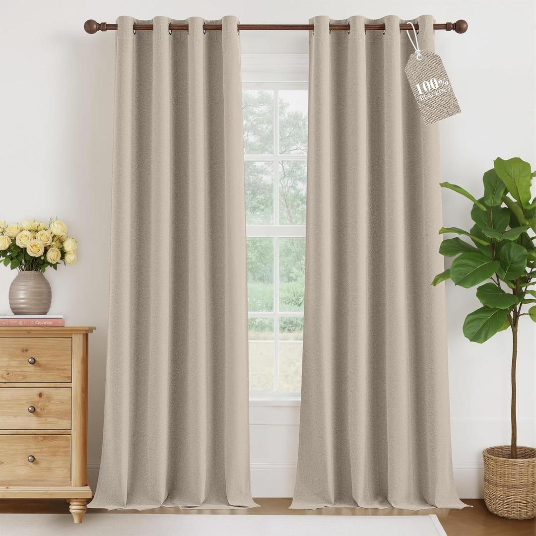 NICETOWN 100% Blackout Curtains for Bedroom, Thermal Insulated & Noise Reducting Double Sided Linen Textured Drapes for Living Room & Nursery, Modern Farmhouse Decor, W52 x L84 in, 2 Panels, Natural