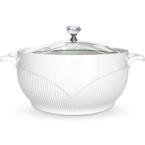 Ceramic Soup Tureen with Glass Lid Porcelain Serving Tureen Soup for Restaurant Home Kitchen Decoration Cute Ceramic Covered Tureens for Soup, White Porcelain, 1.5QT (7.48 in)