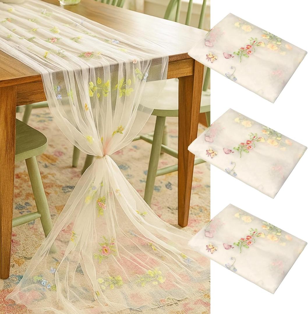 Lounsweer 3 Pcs Wildflower Table Runner 10ft/ 29 Inch x 120 Inch White Embroidery Wildflower Spring Summer Tulle Lace Runner DIY Table Decor for Wedding Party Baby Shower Holiday Dining (Apricot)