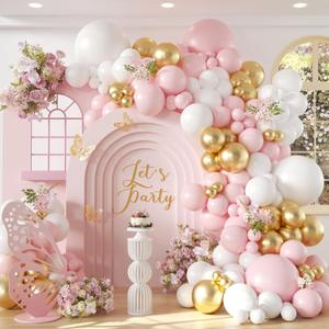 136pcs Pink and White Gold Balloon Arch Garland Kit with Pink White Metallic Gold Balloons for Birthday Bridal Baby Shower Decorations